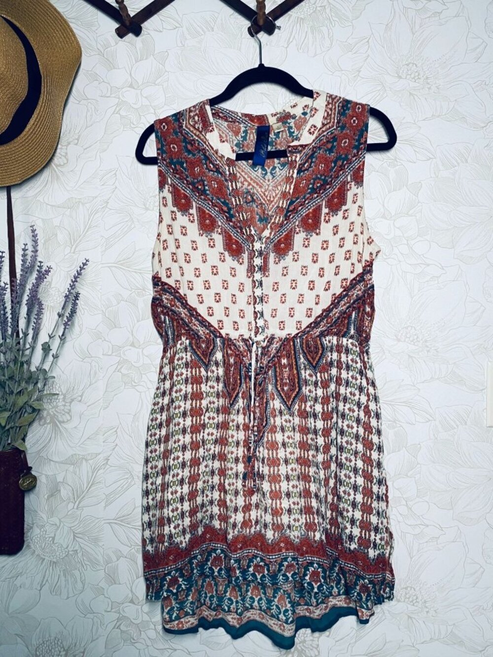 Boho Sleeveless Dress By Blue Star With Tie Waist Size L Multicolor Floral Print